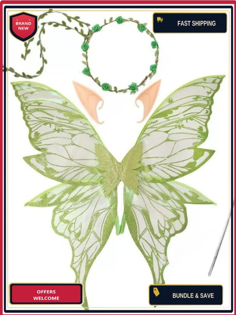 Fairy Costume Set 4 Pcs Wings Elf Ears Arm Wrap Wand